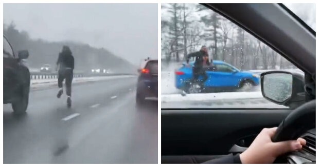 Mann rennt über die vierspurige Autobahn, um das Auto anzuhalten und die Fahrerin zu retten